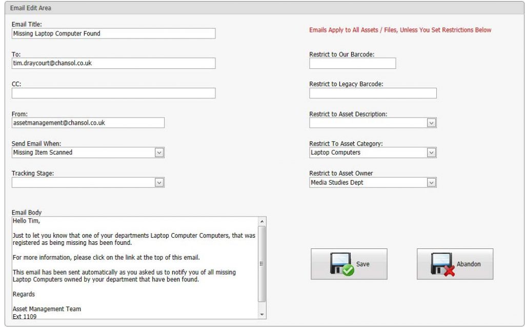 Sample Automatic Email Request to notify a person when a Laptop that is registered as being missing is scanned (found)