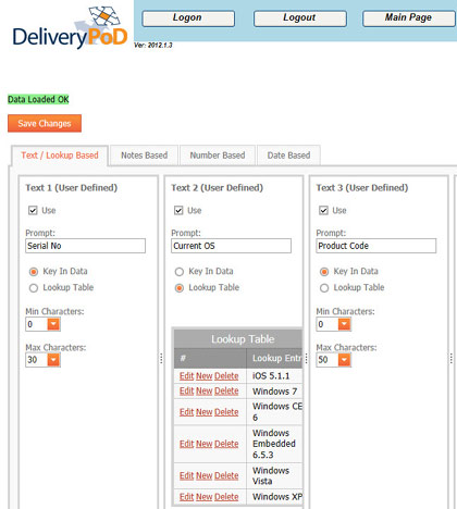 User Defined Field Setup Screen in DeliveryPoD Asset Track