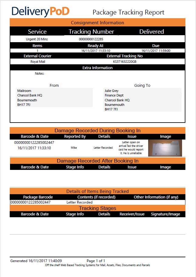 Tracking Report showing damage by Courier